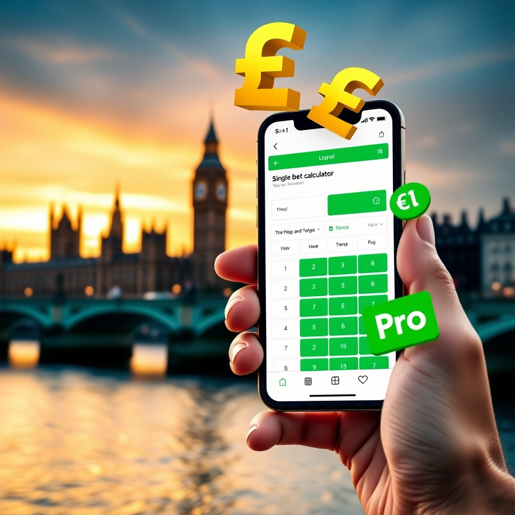 A hand holding a high-end smartphone displaying a professional Single Bet Calculator app with a clean white and green interface, background is the London skyline with the Big Ben and Westminster at sunset, 3D golden British Pound symbols (£) and green pro